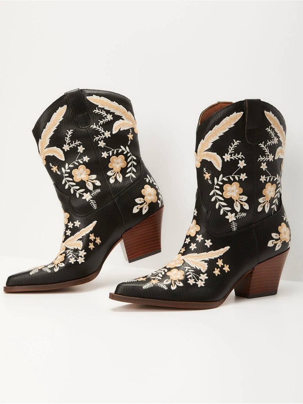Oasis Society Black Western Embroidered Ankle Boots with Floral Detail